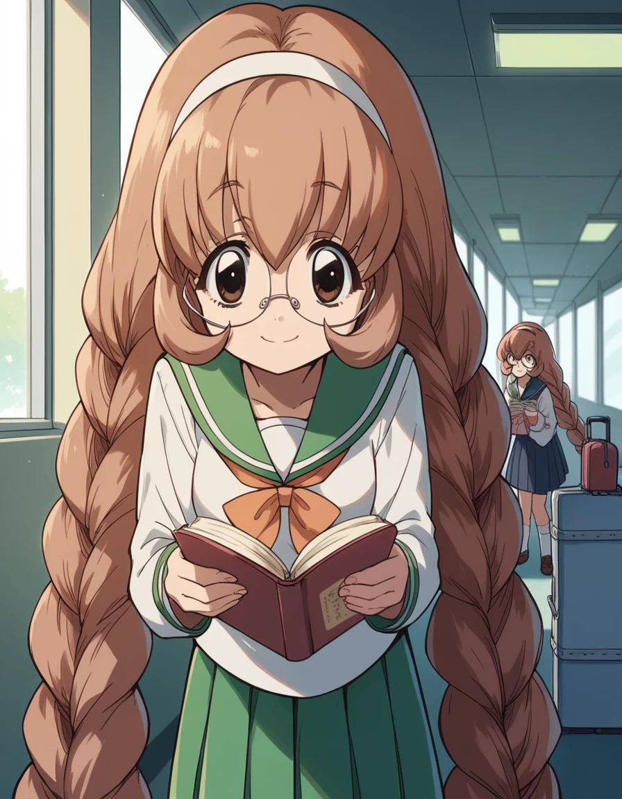 score_9, score_8_up, score_7_up, source_anime, <lora:mimi-usa-s1-ponyxl-lora-nochekaiser:1>, mimi usa, long hair, brown hair, brown eyes, very long hair, braid, hairband, glasses, twin braids,, school uniform, serafuku, long sleeves,, airport, waiting area, suitcase, flight delayed, passengers, reading book, smile, leaning forward,, looking at viewer, solo,, dutch angle, cowboy shot