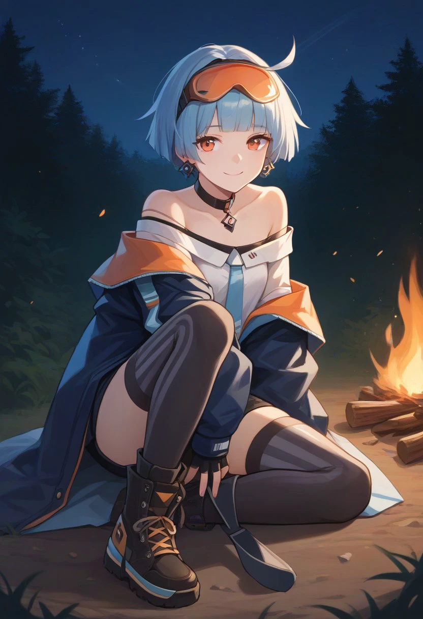 score_9, score_8_up, score_7_up, source_anime, BREAK goggles on head, earring, off-shoulder jacket, fingerless gloves, mismatched legwear, night, sitting down, campfire, looking at viewer, light smile