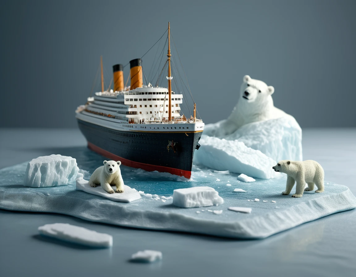 <lora:m1n14tur3_07XL-000008:1.2>,m1n14tur3 style, a small model of a model of the titanic, surrounded by icebergs, with a polar bear sitting on an icefloe,photo realistic,hyperrealism,ornate,studio photograph,bokeh,tilt shift,intricate detail,dramatic,shadows,model displayed on a gray cloth with a simple background