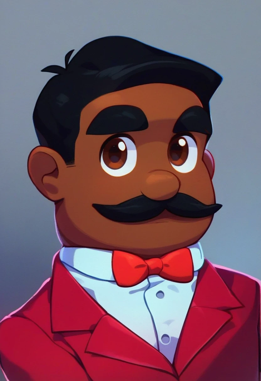 Bitterman_Carlito, solo, short hair, black hair, 1boy, bow, brown eyes, jacket, upper body, male focus,bowtie, red bow, facial hair, thick eyebrows, semi dark-skinned male, formal, suit, red bowtie, mustache, red suit, semi dark skin