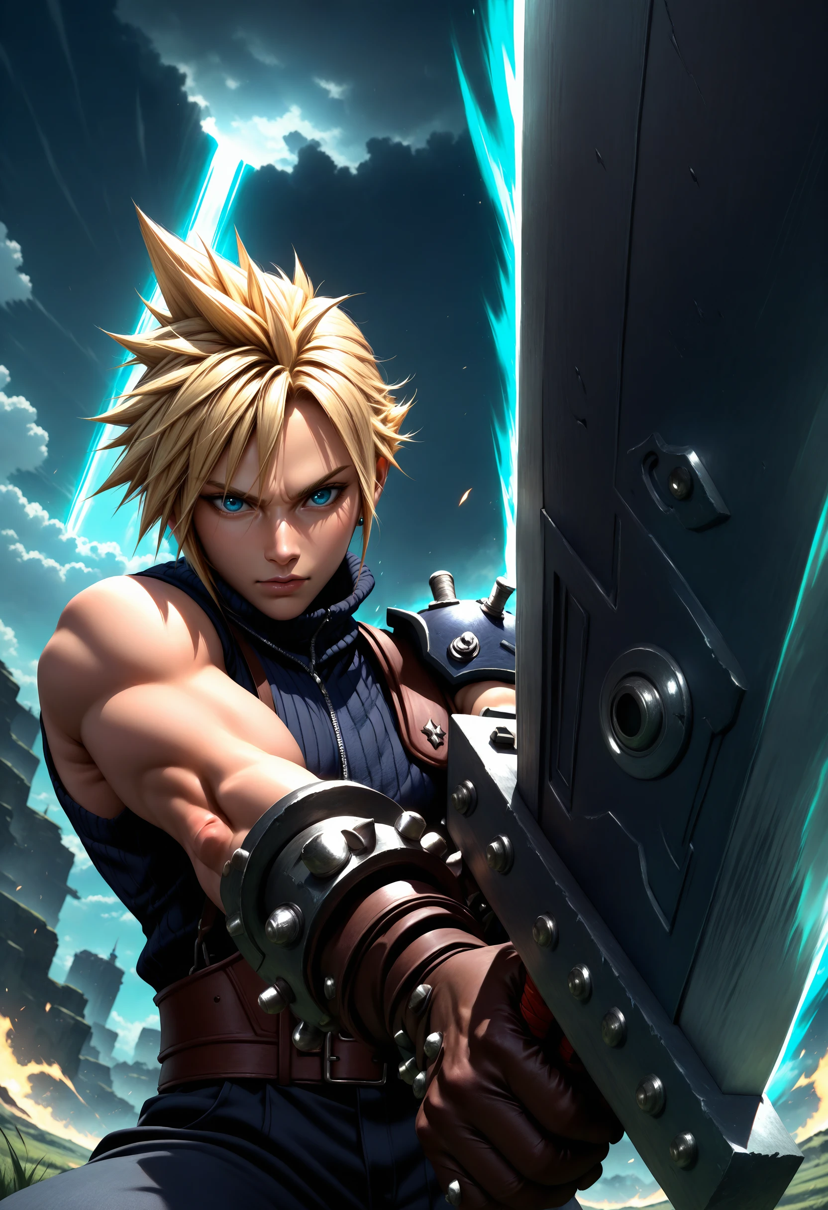 masterpiece, best quality,
cloud strife, final fantasy, 1boy, blonde hair, blue eyes, holding weapon, buster sword, fighting stance, solo, outdoors, sword focus, foreshortening, epic, aura, male focus,