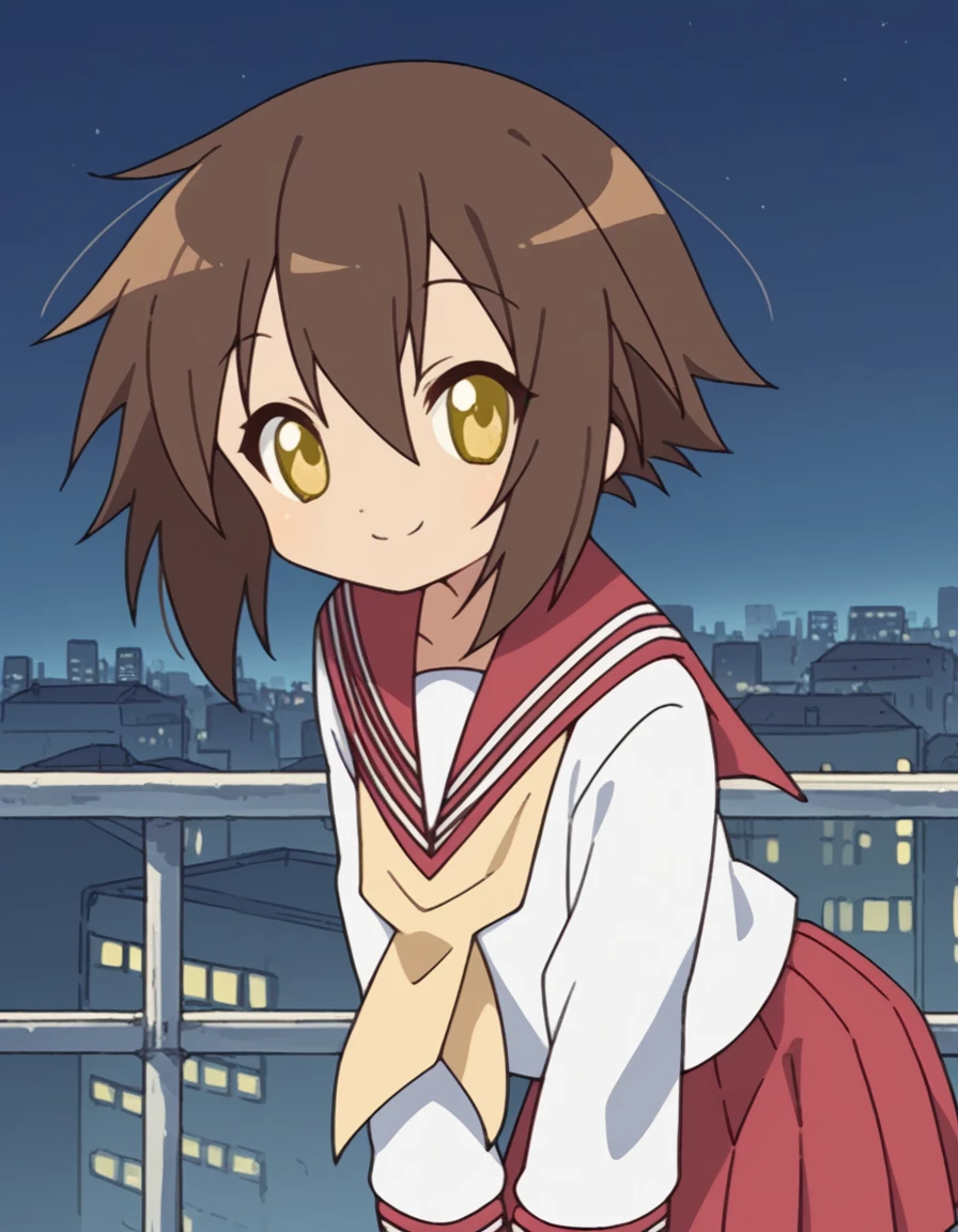 score_9, score_8_up, score_7_up, source_anime, <lora:misao-kusakabe-s1-ponyxl-lora-nochekaiser:1>, misao kusakabe, short hair, brown hair, yellow eyes,, skirt, long sleeves, school uniform, pleated skirt, serafuku, sailor collar, neckerchief, red skirt, ryouou school uniform,, city skyline, rooftop view, night time, city lights, quiet reflection, smile, leaning forward,, looking at viewer, solo,, dutch angle, cowboy shot