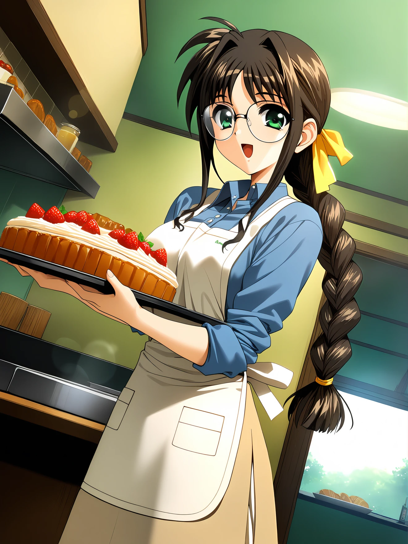 masterpiece, best quality, high quality, aesthetic, absurdres, insanely detailed,
1girl, glasses, braid, food, dutch angle, green eyes, long hair, apron, black hair, brown hair, lens flare, indoors, single braid, open mouth, ribbon, tray, sleeves rolled up, hair ribbon, skirt, smile, pastry,
<lora:tsuzuki-masaki-style-xl_v1.0:1>