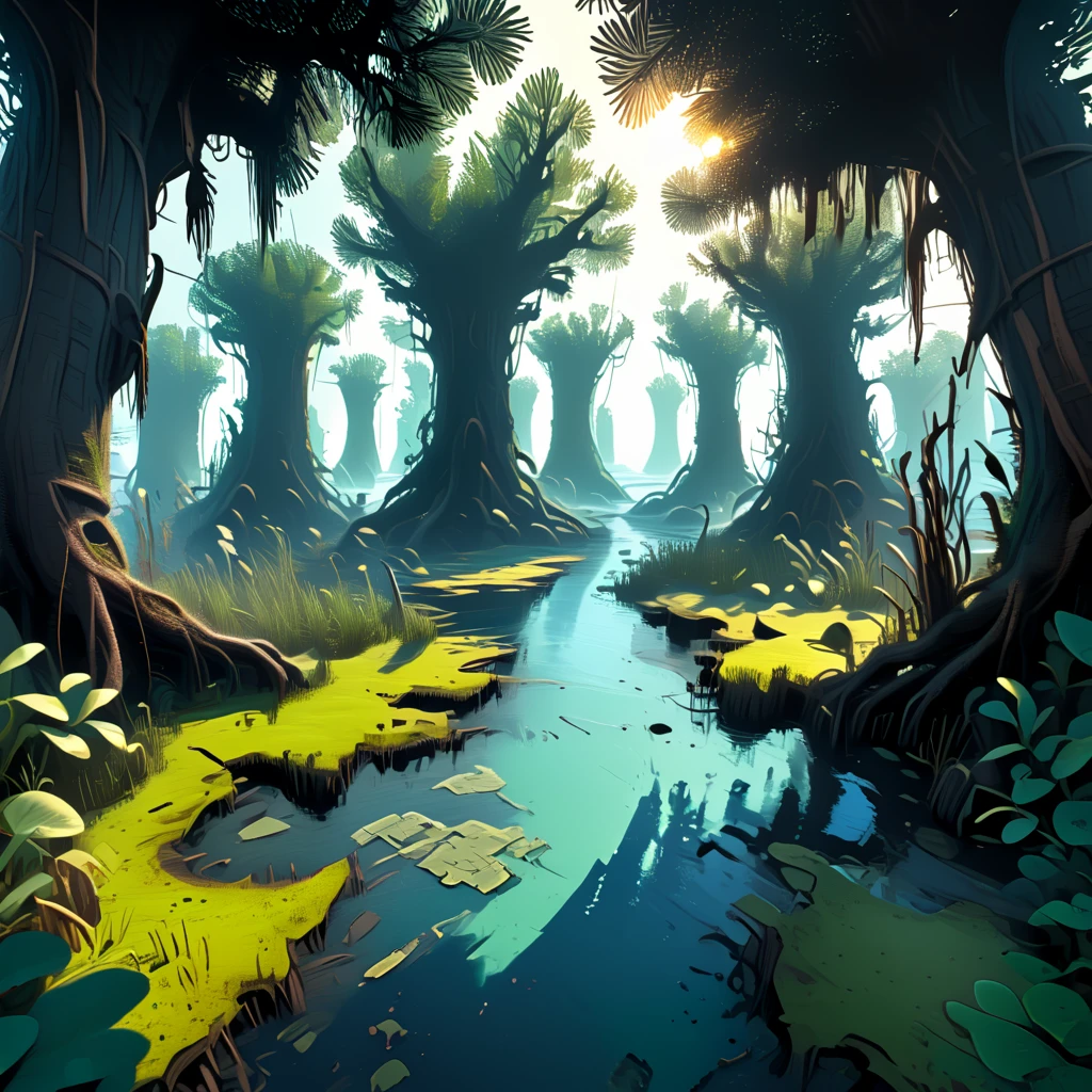 {Swampy Island}, Archipelago biome, first person view perspective, rpg game, in the style of fantasy, volumetric lighting, natural lighting, natural shadows, vector art, digital art,  <lora:artfullyMAP1P:1>, artmap1p,