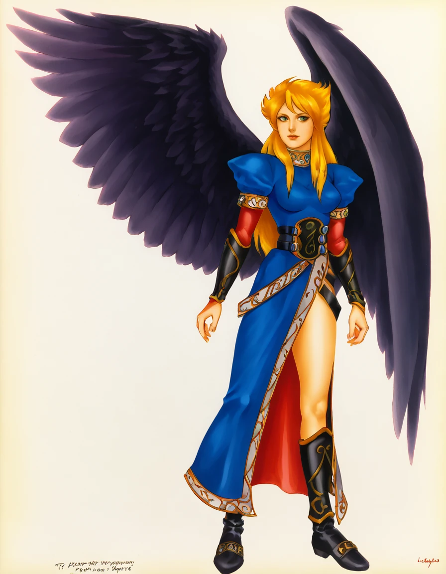 <lora:Alberto_Vargas_Artstyle_-_PonyXL:0.8> pinup,  <lora:(Breath of Fire 2) - Nina:1> ninabofii, black wings, blonde hair, long hair, sidelocks, dress, bridal gauntlets, boots,