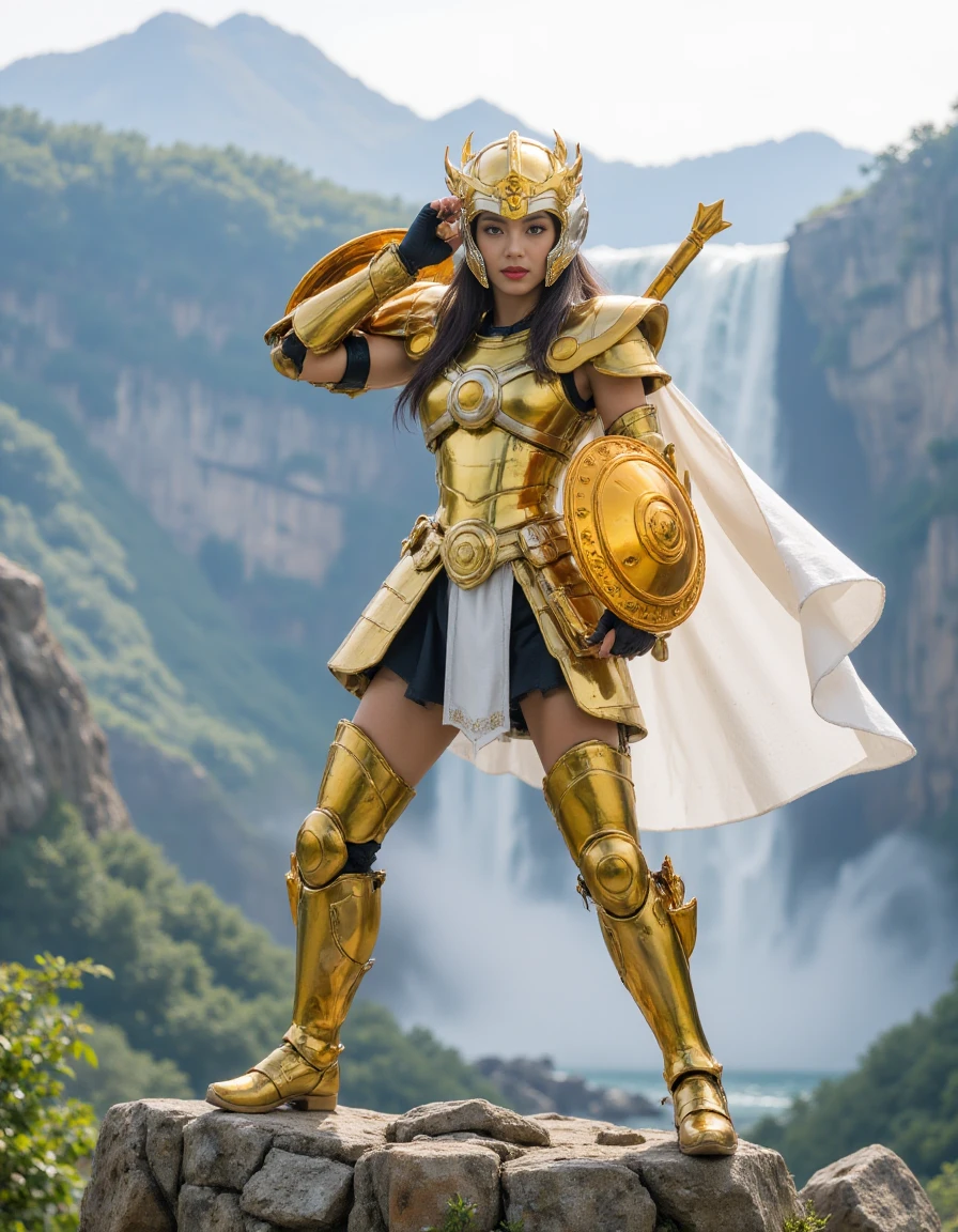 A confident and empowered japanese sexy female super model , dressed in  her  with helmet and shield and white cloak at the back and golden fingerless gauntlet,  on top of a chinese mountain with a big waterfall at the background, Body sideways, one leg extended outward in a straight line, arms in defensive position.<lora:nwsj_flux:0.8>,<lora:sslibra-000012:0.9>