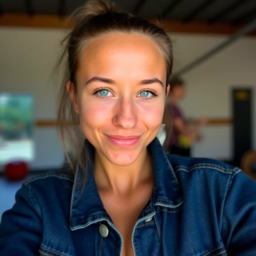 dark eyeliner and mascara, athletic build., This is a photograph showcasing a young woman in a fitness setting, given the bright, revealing her striking blue eyes and a subtle, slightly messy style. She is wearing a dark blue denim jacket with visible white buttons and a subtle white emblem on the left sleeve., and striking blue eyes. She has a light smile on her face