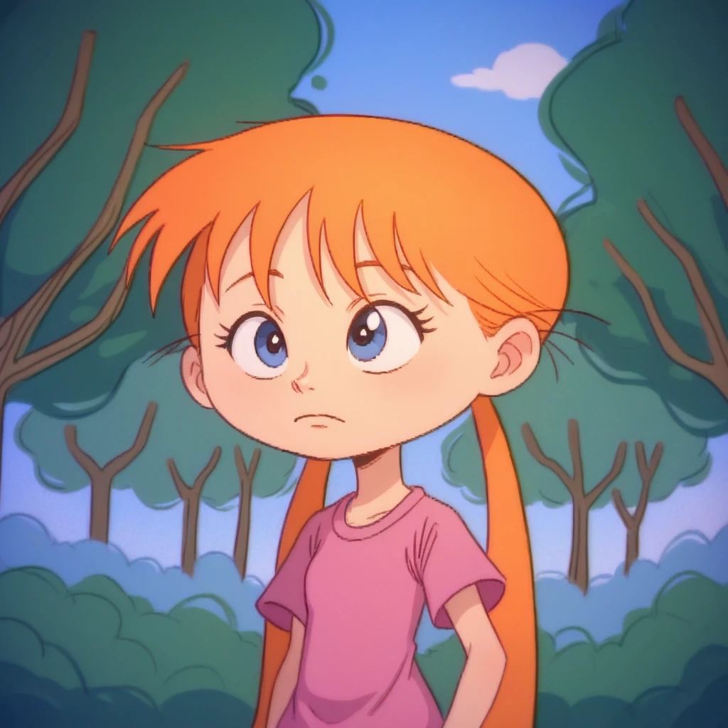 score_9_up, score_8_up, BREAK, Jackie, 1girl, solo, orange hair, blue eyes, long hair, twintails, pink shirt, short sleeves, upper body,   <lora:Jackie_Bobby_World_PXL_Leaf4:1>, outdoors, forest,