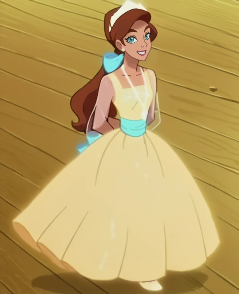 score_9, score_8_up, score_7_up, score_6_up, score_5_up, score_4_up, anime screencap, anime coloring, source_cartoon, <lora:Anastasia_Full-000007:1> ,yldre,, brown hair, aqua eyes, long hair, ponytail, bow, yellow dress, see-through sleeves, necklace, full body, arms behind back, smile, looking at viewer,