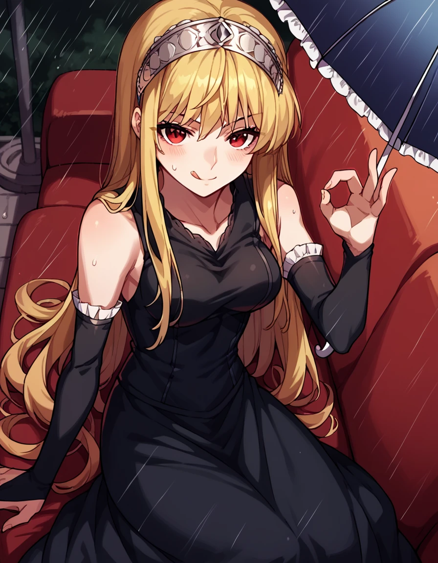 score_9, score_8_up, score_7_up, source_anime, <lora:kaibutsuoujo-liliane-s1-ponyxl-lora-nochekaiser:1>, liliane, long hair, blonde hair, red eyes, very long hair, tiara, medium breasts,, gloves, dress, detached sleeves, elbow gloves, black dress, bare shoulders, sleeveless dress, collarbone, long skirt, , rainy day, umbrella, walking home, puddles, wet hair, , <lora:money-gesture-ponyxl-lora-nochekaiser:1>, money gesture, blush, sitting, couch, arm support, smile, tongue out, knee up, from above, looking at viewer, solo,, dutch angle, cowboy shot