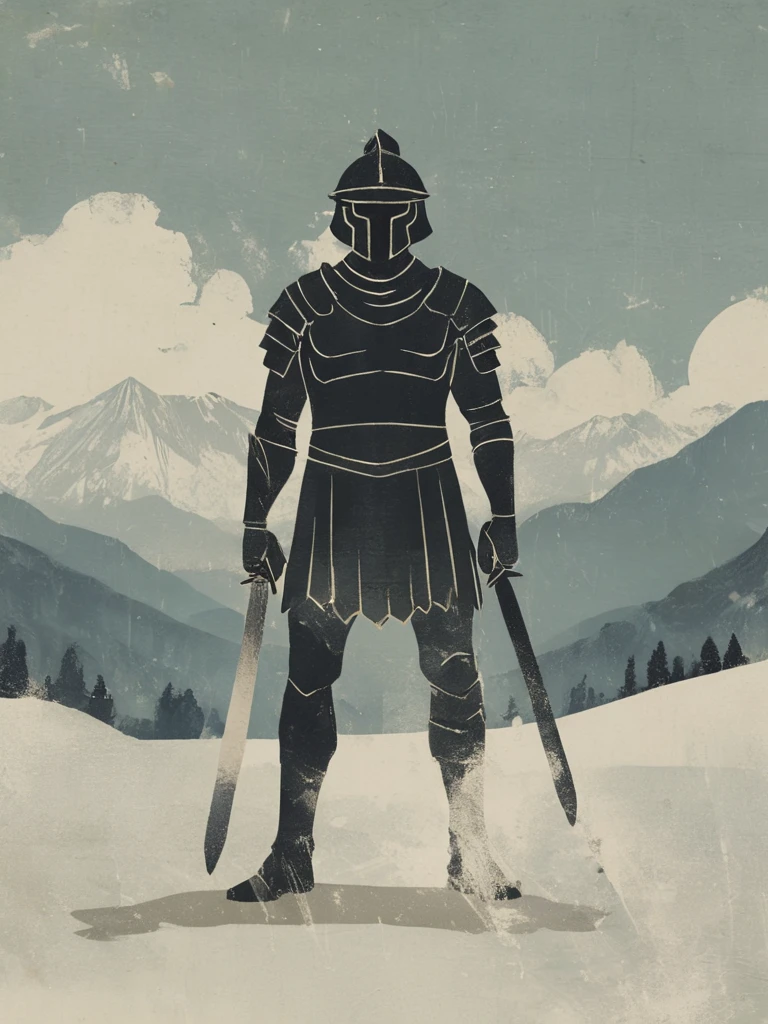 ,chouxian,1boy,helmet,male focus,weapon,solo,sword,armor,holding,standing,holding weapon,full body,colored skin,holding sword,limited palette,kabuto \(helmet\),shadow,jingguan,outdoors,mountains,meadows,snow,<lora:abstract-wwm:0.8>