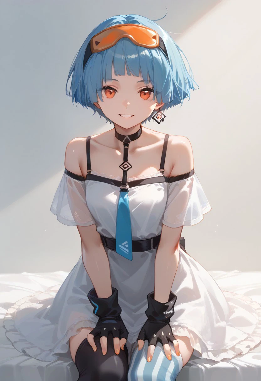 score_9, score_8_up, score_7_up, source_anime, BREAK blue hair, short hair, orange eyes, goggles on head, earring, dress, fingerless gloves, mismatched legwear, looking at viewer, light smile, shiny skin