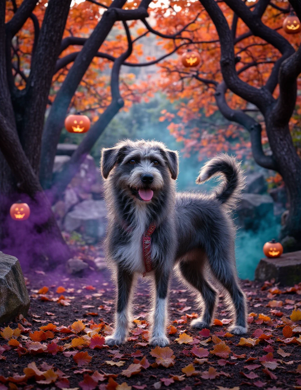 A majestic Shepadoodle, with its plush grey and white coat illuminated by an enchanted autumn twilight, stands alert amidst a Halloween forest. Vibrant crimson maple leaves dance around them, some caught in their fluffy fur like natural accessories. The forest floor is carpeted in a patchwork of red, orange, and gold leaves, while twisted oak trees with glowing jack-o'-lanterns hanging from their branches create mysterious shadows. Purple and teal fog swirls at the dog's paws, making their white fur sections glow with otherworldly colors. Their intelligent eyes reflect the warm light of floating fairy lanterns, while their fluffy tail wags gently, disturbing the magical mist. Scattered mushrooms around their paws emit a soft bioluminescent glow, creating a magical circle of light.