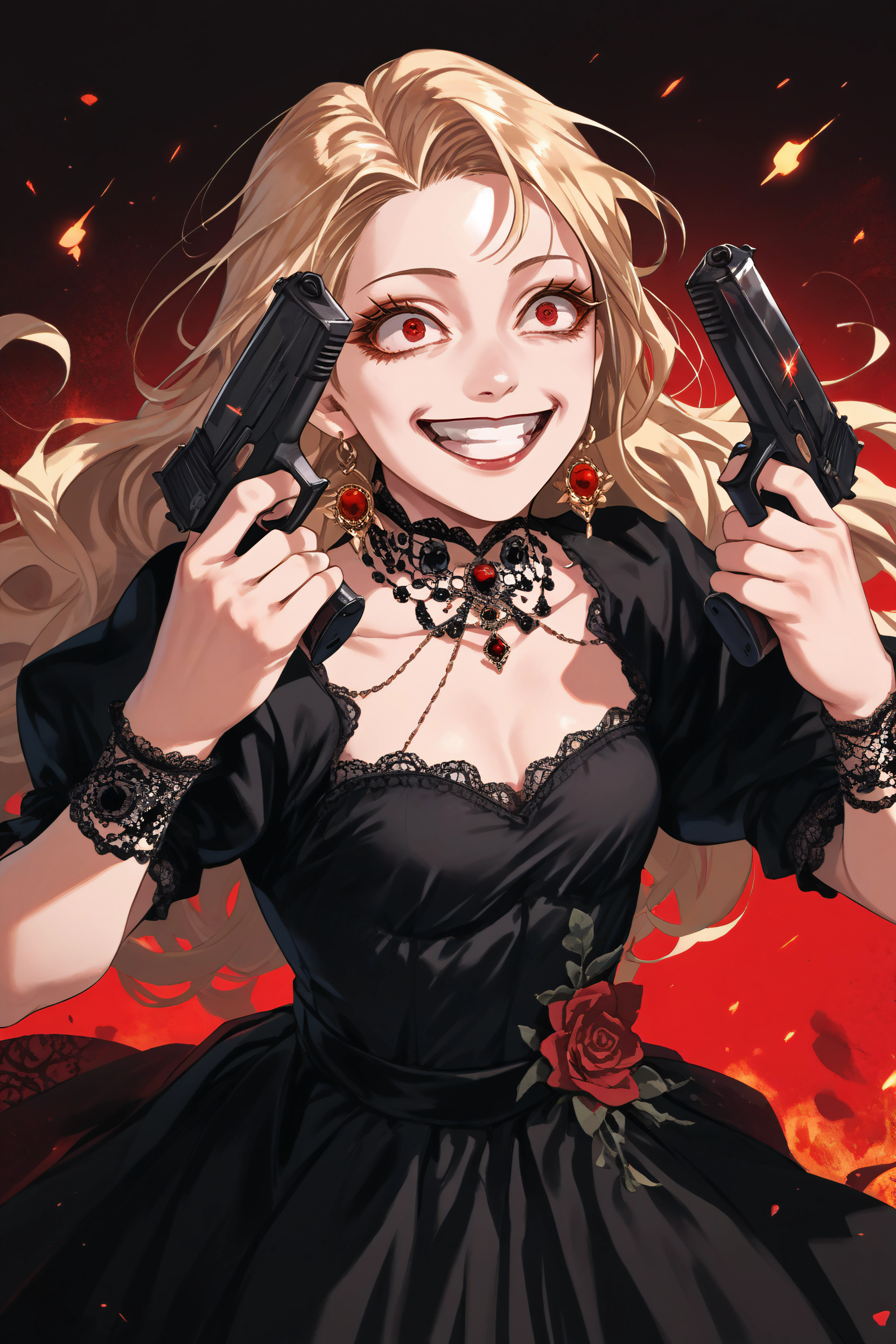 score_9, score_8_up, score_7_up, score_6_up, source_anime, <lora:Roxana Agrece v2-PonyXL-lora-Faxtron:1> roxana agree, red eyes, blonde hair, long hair, dress, <lora:DanielRadcliffeHoldingTwoGunsMeme_pdxl_Incrs_v1:1> handgun, holding gun, holding weapon, dual wielding, finger on trigger, smile, grin, crazy eyes,