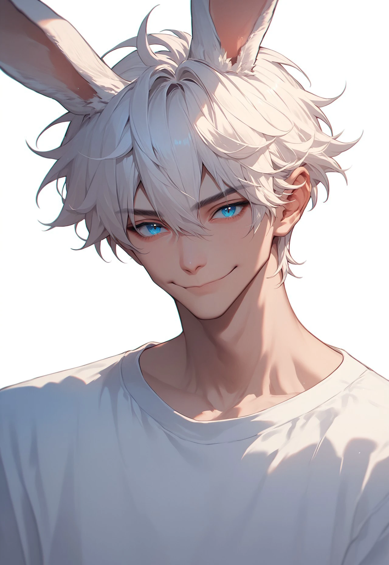 c4ndy, 1boy, solo, male focus, blue eyes, animal ears, white hair, rabbit ears, short hair, bishounen, shirt, smile, long sleeves, white shirt, hair between eyes, bangs, simple background, upper body, looking at viewer, closed mouth, portrait, score_9, score_8_up, score_7_up, score_6_up, score_5_up, score_5_up, score_4_up