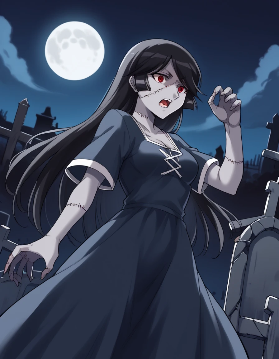 score_9, score_8_up, score_7_up, source_anime, <lora:reiri-kamura-s1-ponyxl-lora-nochekaiser:1>, reiri kamura, long hair, black hair, red eyes, hime cut, medium breasts,, <lora:zombie-ponyxl-lora-nochekaiser:1>, zombie, colored skin, stitches, grey skin, multicolored skin, stitched face, zombie pose, halloween, halloween costume,, night, moon, graveyard, tombstone, grave, open mouth, , dutch angle, cowboy shot