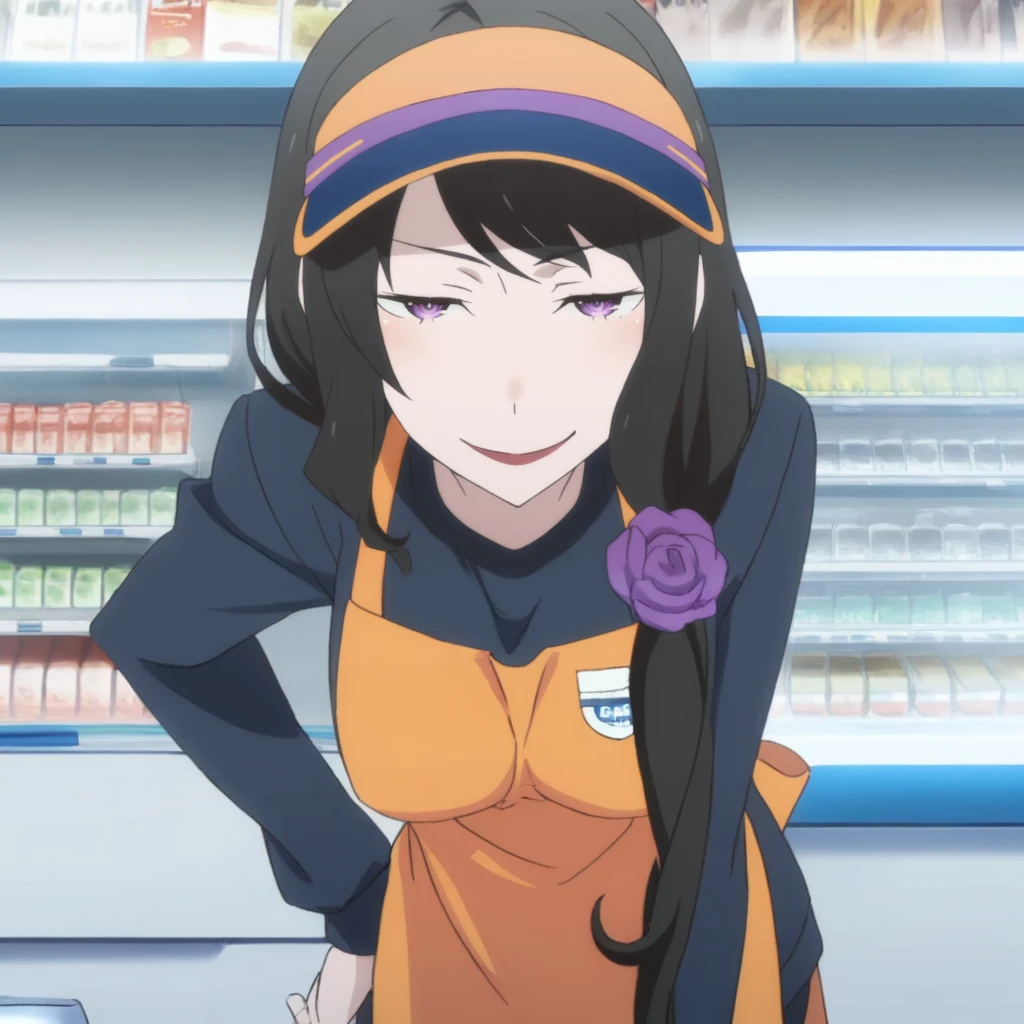 best quality, good quality,r3z3r0_styl3, anime screencap, elsa granhilte, 1girl, solo, convenience store, cashier, counter, pov, visor cap, leaning forward, narrowed eyes, smirk, apron, shirt