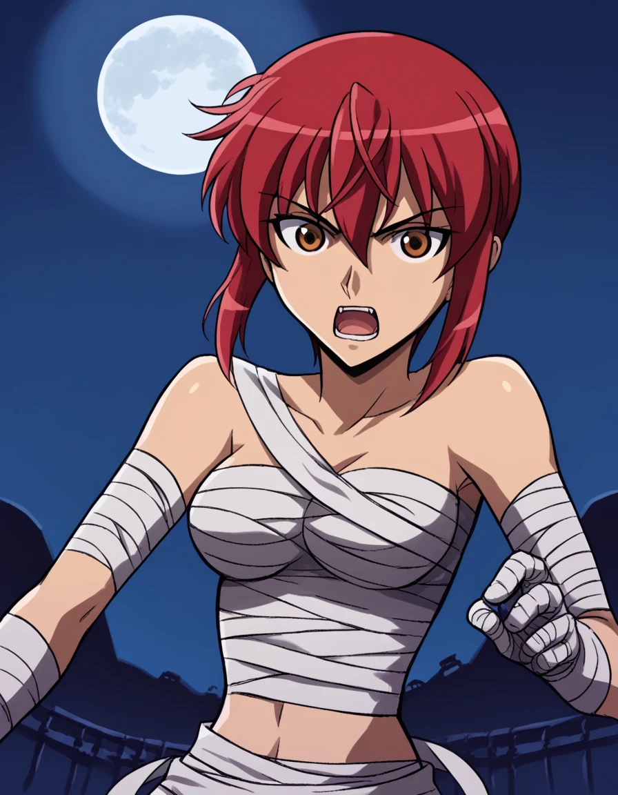 score_9, score_8_up, score_7_up, source_anime, <lora:riza-wildman-s1-ponyxl-lora-nochekaiser:1>, riza wildman, short hair, brown eyes, red hair, hair between eyes, sidelocks, medium breasts,, <lora:mummy-costume-ponyxl-lora-nochekaiser:1>, mummy costume, bandages, halloween costume, bandaged arm, zombie pose, bandage on face,, desert, moon, night, open mouth, , dutch angle, cowboy shot