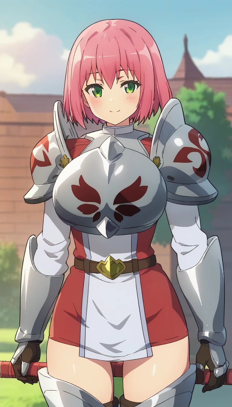 score_9,score_8_up,score_7_up,score_6_up BREAK official art,solo,outdoors,upper body,(portrait:1.5),looking at viewer,facing viewer,smile,blush,Hanabata Nohkins,short hair,pink hair,bangs,green eyes,pauldrons,shoulder armor,breastplate,armored dress,gauntlets,gloves,large breasts,long sleeves,belt,thighs,zettai ryouiki,thigh boots,<lora:Hanabata Nohkins(ig)-Pony:1.5>,