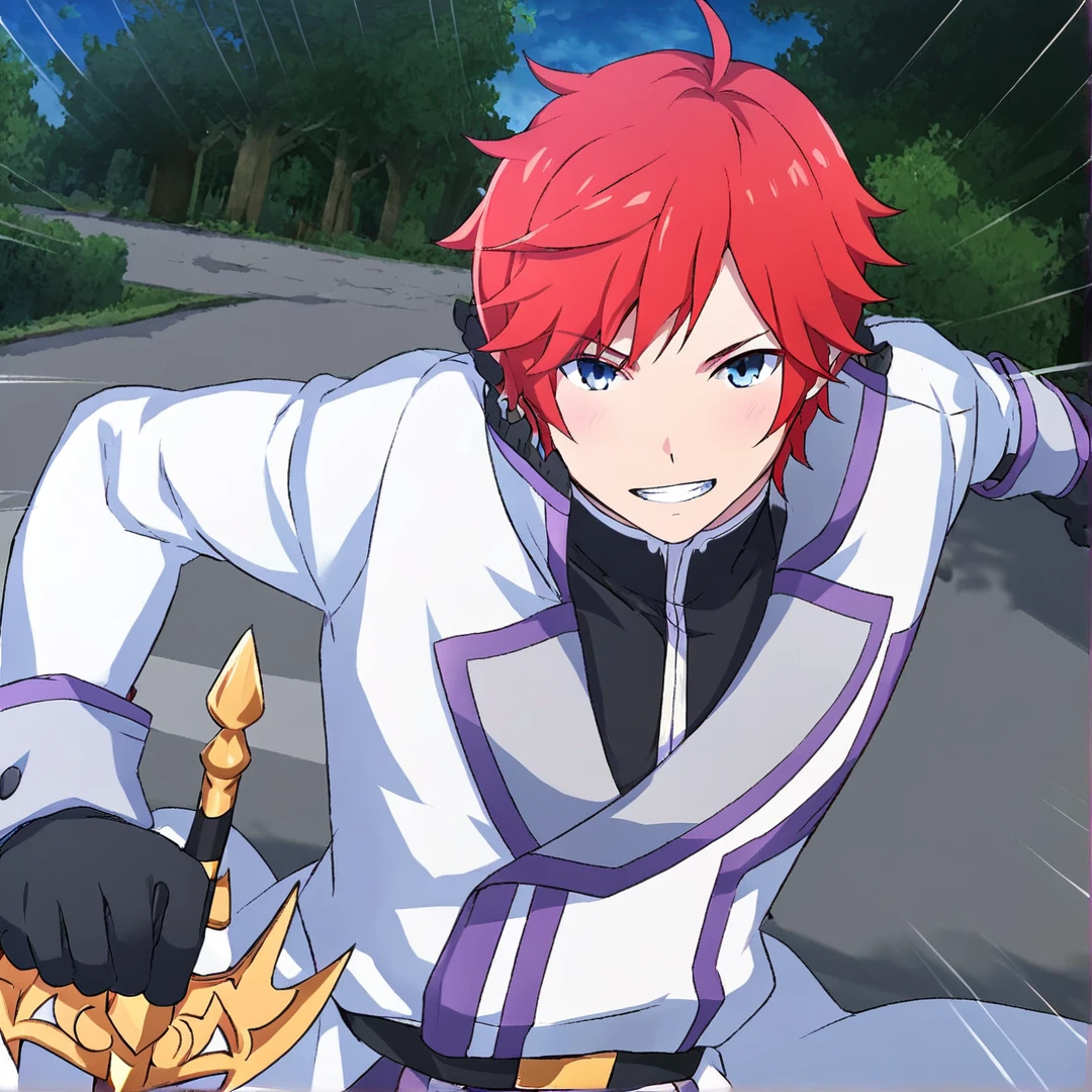 <lora:Reinhard:1>, reinhard, stands at exactly six feet tall, his most striking feature, is his distinct flaming red hair, that shines as brightly, his sparkling blue eyes, portray a sense of confidence and recklessness, his slender frame, features an array of well-toned muscles, he exuded an aura of gallantry, and, at a first glance, he gave off an intimidating air, that indicated him as someone who is above the norm, his extraordinarily handsome face, beyond average looks and his open, calming and approachable personality, makes him very popular with people, which catches the eye of many women, further exemplifying his magnificence, his casual attire consists of, a well-made black shirt, that he also wears as part of his uniform, white trousers with lilac cuffs, black shoes, black gloves, and a double-breasted white long coat, with a cutaway front, rolled cuffs, lapels, and lilac lining, the crest can be seen proudly pictured, on the upper part of his left sleeve, and a black belt, is fastened tightly around his waist, with it, he fastens his esteemed dragon sword reid, whenever he has to go out, solo, in a city, with sakura trees