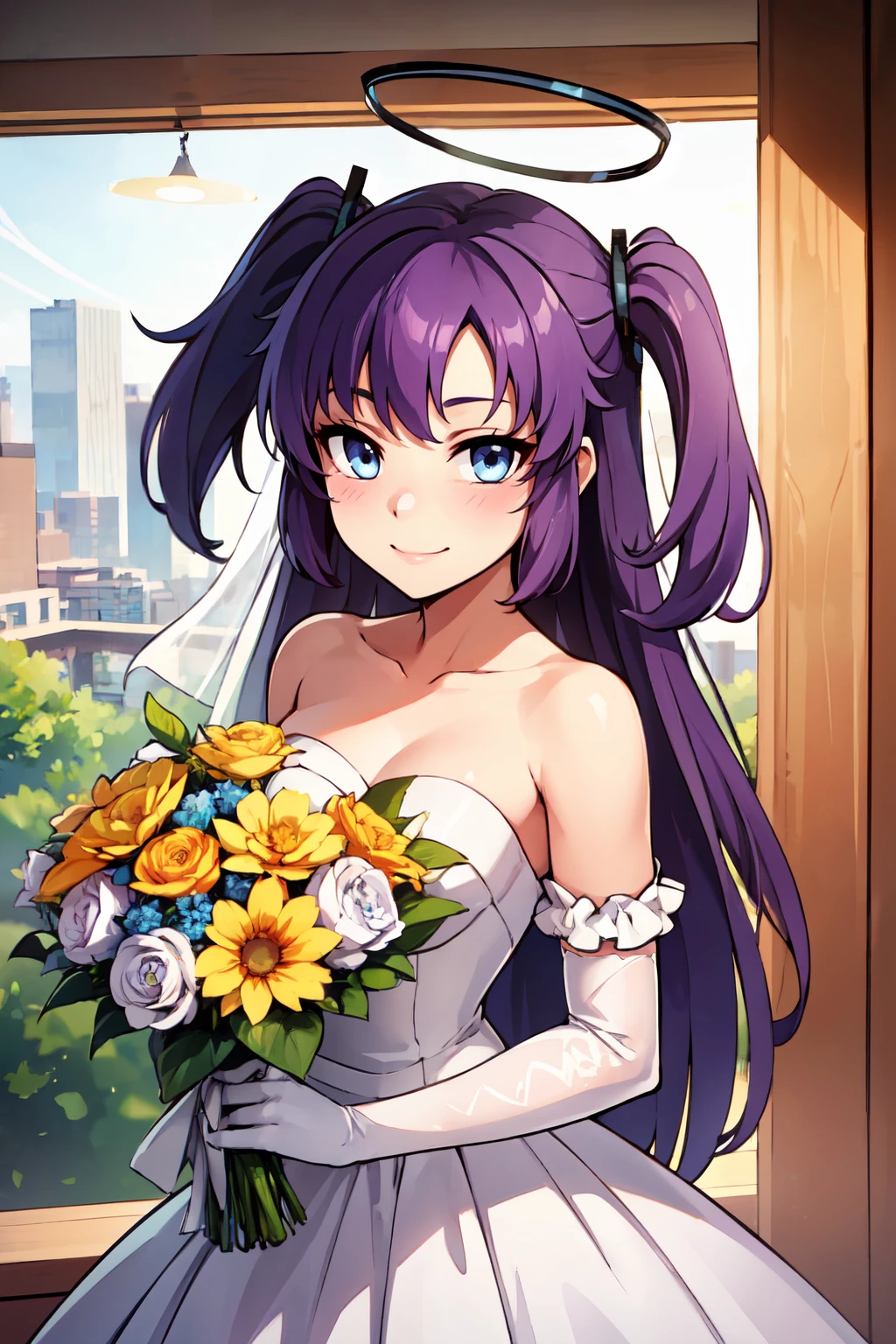 ((masterpiece,best quality)), absurdres,  BREAK, , <lora:Yuuka_BlueArchive_Citron:0.8>,, zzYuuka, halo, purple hair, long hair, mechanical halo, purple eyes, two side up, blue eyes, ponytail , BREAK, bride, wedding dress, bridal veil, strapless dress, elbow gloves, holding bouquet,, BREAK, solo, smile, looking at viewer, cowboy shot,