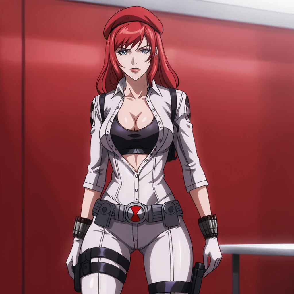 <lora:blackwidowanime_pony_v1:.8> BlackWidowAnime, 1girl, solo, red hair, long hair, medium breasts,, lipstick,eyeshadow, cowboy shot <lora:1028 TheFirstDescendant-heir Hayley_v1_pony:1> ruanyi1028,belt,black sports bra,collared shirt,gloves,holstered weapon,partially unbuttoned,tight pants,thigh holster,white gloves,white pants,beret