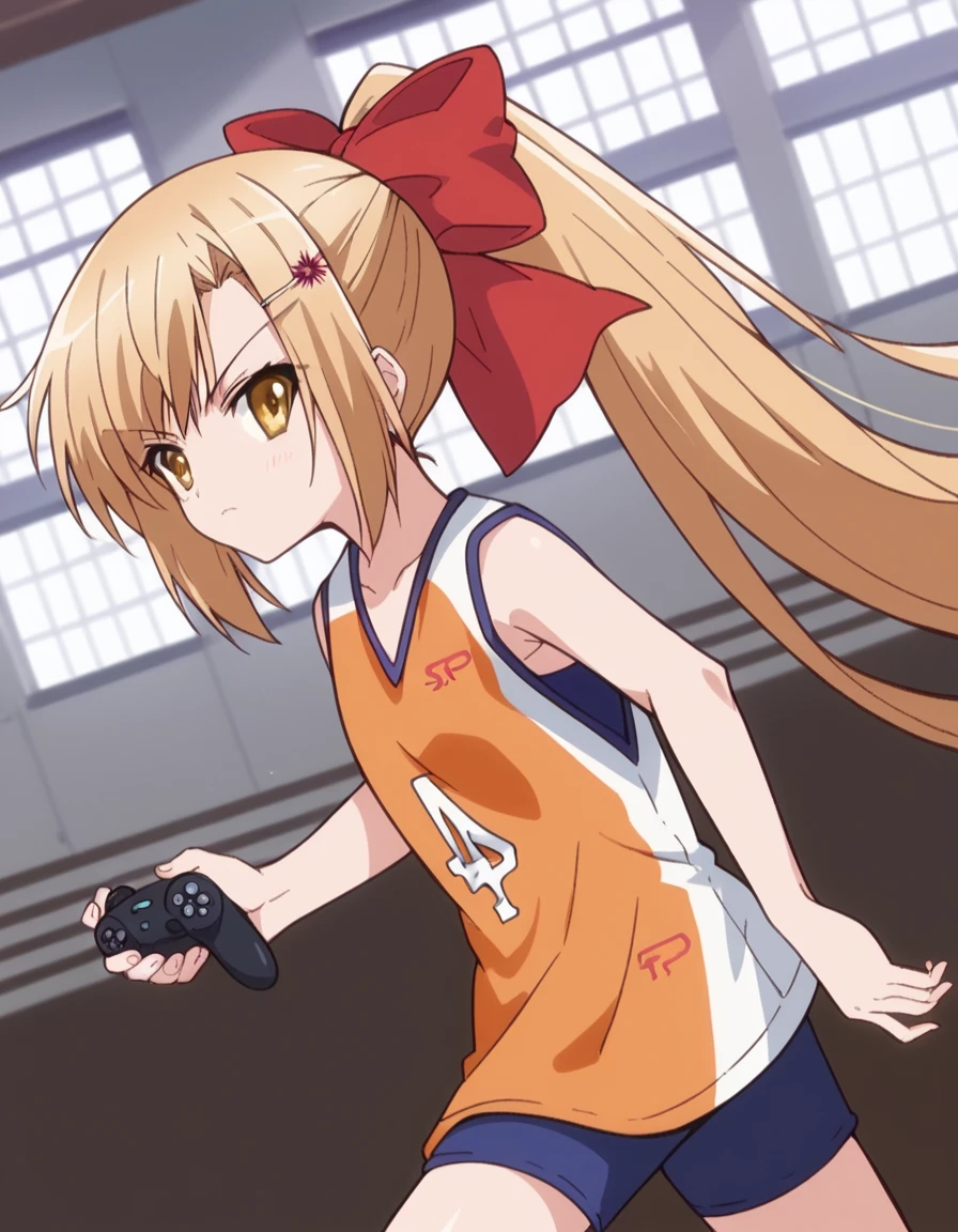 score_9, score_8_up, score_7_up, source_anime, <lora:miyu-aida-s1-ponyxl-lora-nochekaiser:1>, miyu aida, long hair, blonde hair, hair ornament, bow, yellow eyes, ponytail, hair bow, hairclip, red bow,, sportswear, basketball, basketball uniform, shorts, dolphin shorts, living room, video game, controller, competitive, fun, afternoon, , from side, looking at viewer, solo,, dutch angle, cowboy shot