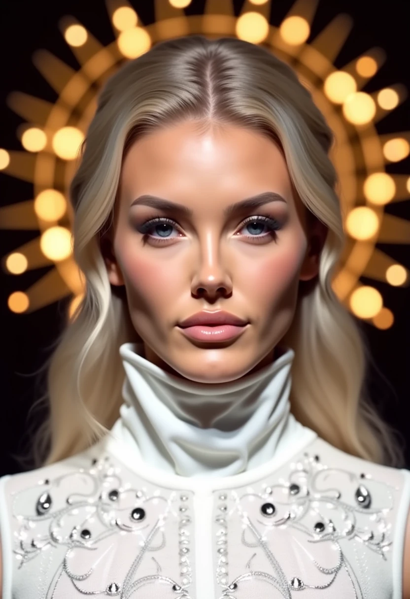 This is a hyperrealistic photograph featuring a young woman with striking eyes and light blonde, wavy hair. She is centrally positioned, facing forward, and her gaze is direct, capturing the viewer's attention. Her skin is smooth and fair, with a natural, glowing complexion. She wears a high-collared, white, textured garment that resembles a futuristic or fantasy-inspired outfit, adorned with intricate, ornate silver embellishments that add a sense of opulence and otherworldliness to the scene. The fabric appears to be made of a fine, delicate material, with a glossy texture that reflects light.

The background is dominated by an ethereal, radiant, circular pattern of golden lights, reminiscent of a starburst or a celestial phenomenon, which creates a sense of mystique and grandeur. The lights are arranged in a symmetrical, concentric pattern, with the brightest and most intense lights at the center, fading outwards. This background contrasts sharply with the dark, almost black, backdrop, making the subject stand out even more. The overall style of the artwork is highly detailed and realistic, with a futuristic, almost sci-fi aesthetic, blending elements of fantasy and technology. 4LYT4Y