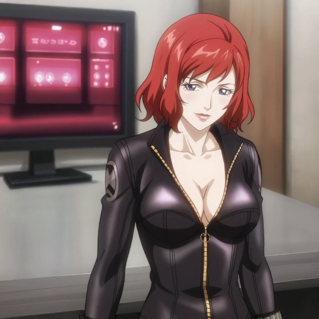 <lora:blackwidowanime_pony_v1:.8> BlackWidowAnimeShortHair, 1girl, red hair, short hair, bodysuit, medium breasts, collarbone, cowboy shot, cleavage