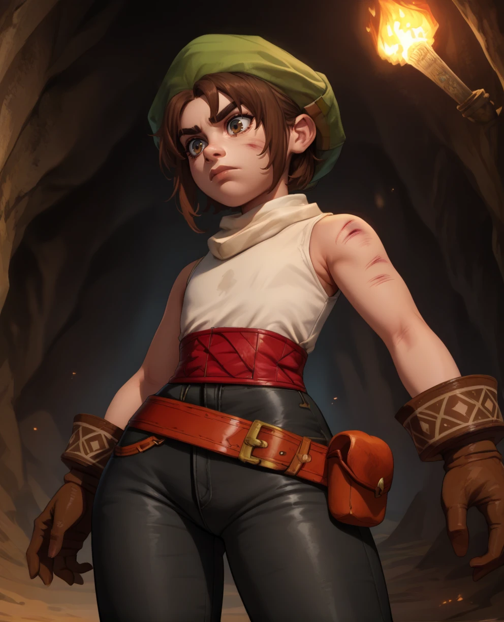 score_9,score_8_up,
Toanxl,brown hair,brown eyes,
green hat,belt,brown gloves,black pants,white shirt,sleeveless,red waistband,
,from below,light_injury,torch,hips,
dark cave,solo,
<lora:ToanXL:0.9>,