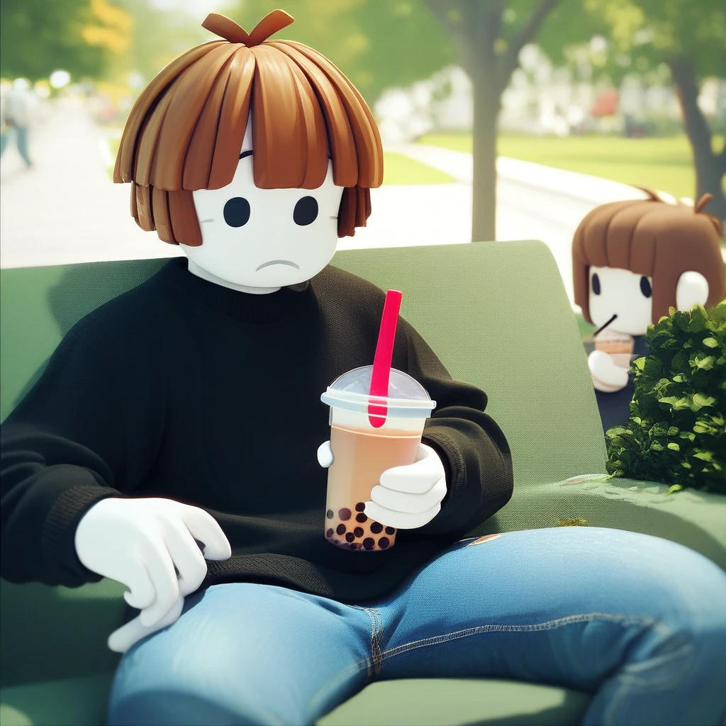 score_9_up, score_8_up, score_7_up, mikus-sona, white skin, black eyes, brown hair, black sweater, jeans, park, holding, bubble tea