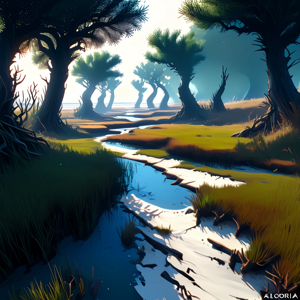 {Salt Marsh}, Shores of Aeloria biome, first person view perspective, rpg game, in the style of fantasy, volumetric lighting, natural lighting, natural shadows, vector art, digital art,  <lora:artfullyMAP1P:1>, artmap1p,