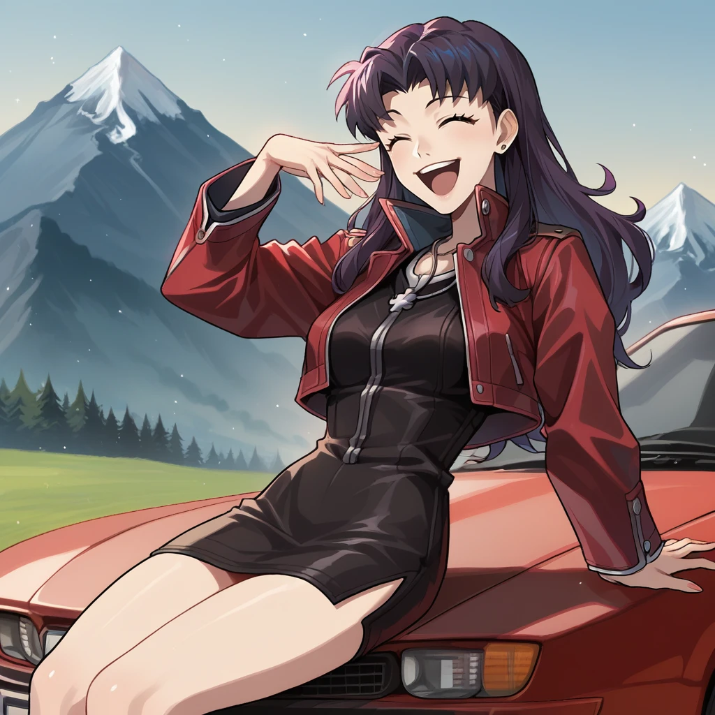 score_9, score_8_up, score_7_up, score_6_up, score_5_up, score_4_up, zPDXL2,source_anime,rating_questionable,1girl, solo,  Misato Katsuragi, red jacket, black dress, laughing, mountains, smile,  <lora:Sitting_On_Car:0.8> c4rs1t, red car, sports car, sitting, lounging