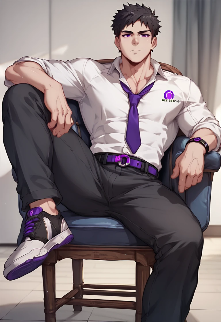 <lora:lora:0.8> score_9, score_8_up, score_7_up, score_6_up,  1man, solo, male focus, reboot, black hair, purple eyes, collared shirt, black pants, belt,  purple necktie, sitting over chair, legs spread, thick thighs, big arms, looking at viewer