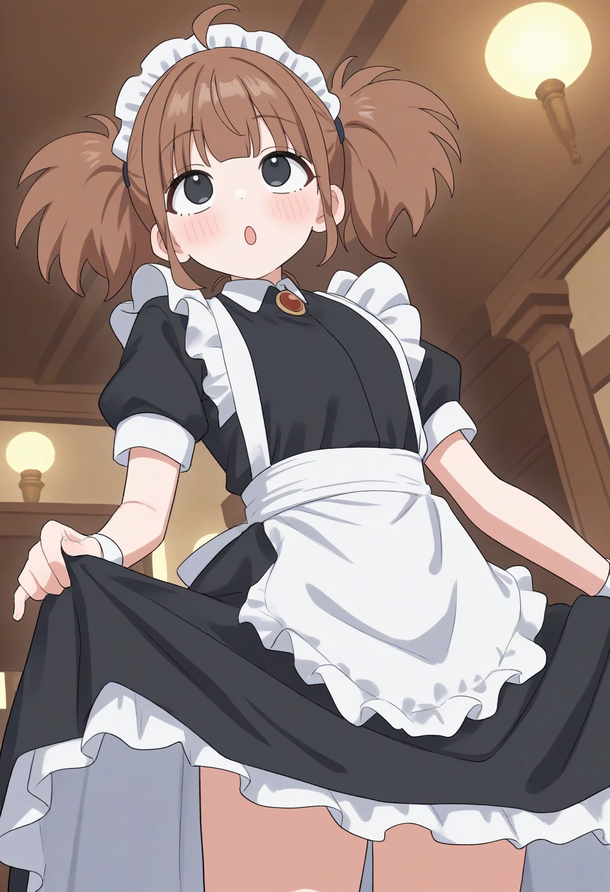 1girl,wchi, solo,<lora:wchi_XL_v1:0.8>
masterpiece,best quality, very aesthetic, absurdres,official art,
twintails, brown hair, ahoge,black eyes, maid,maid headdress, maid apron,
ceiling, cowboy shot, looking up, naughty, in church, open mouth