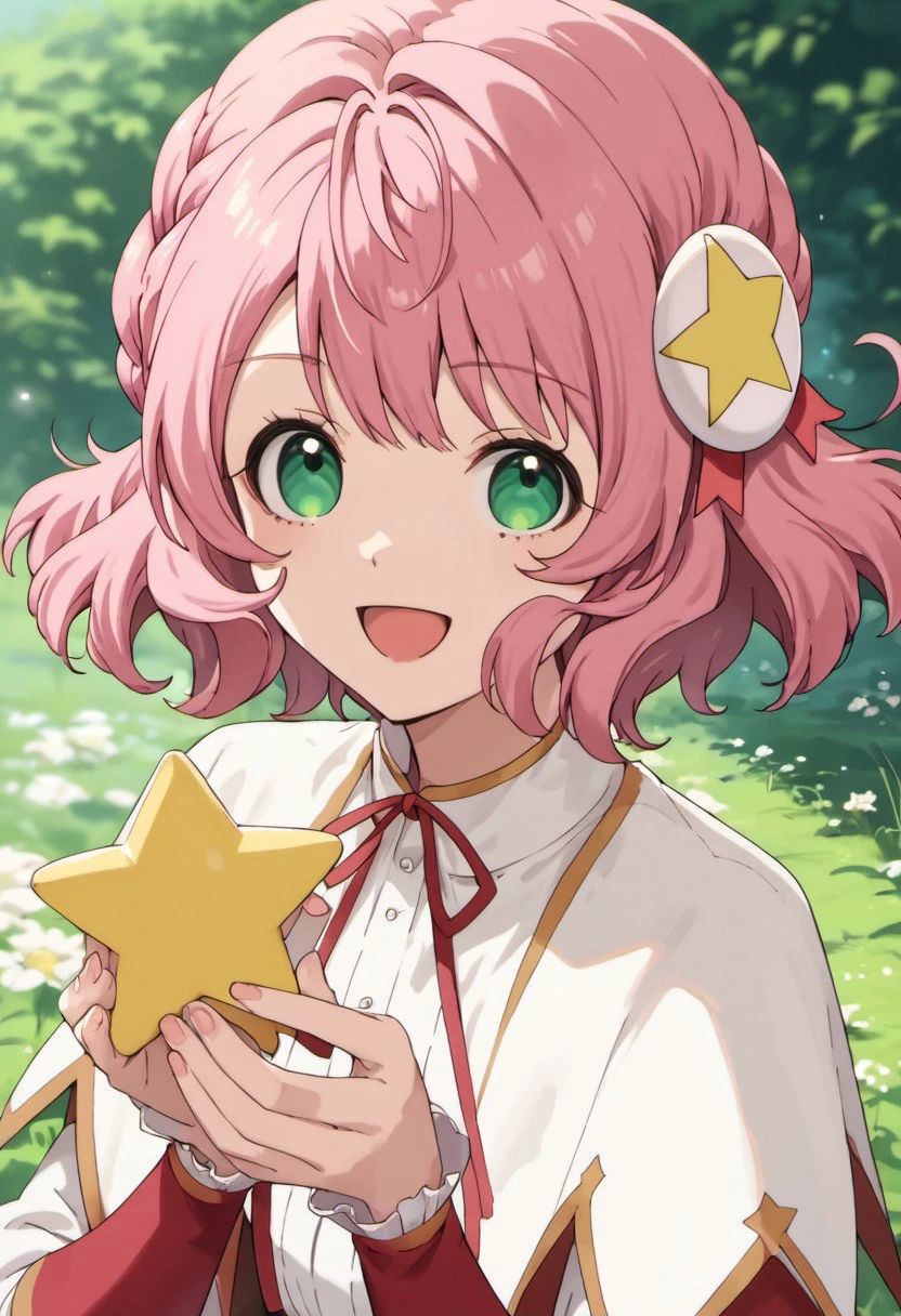 score_9, score_8_up, score_7_up, source_anime,alicia ehnleit, short hair, pink hair, green eyes, 1girl, solo, hair ornament, smile, open mouth, ribbon, holding, looking at viewer, red ribbon, star (symbol), :d, braid