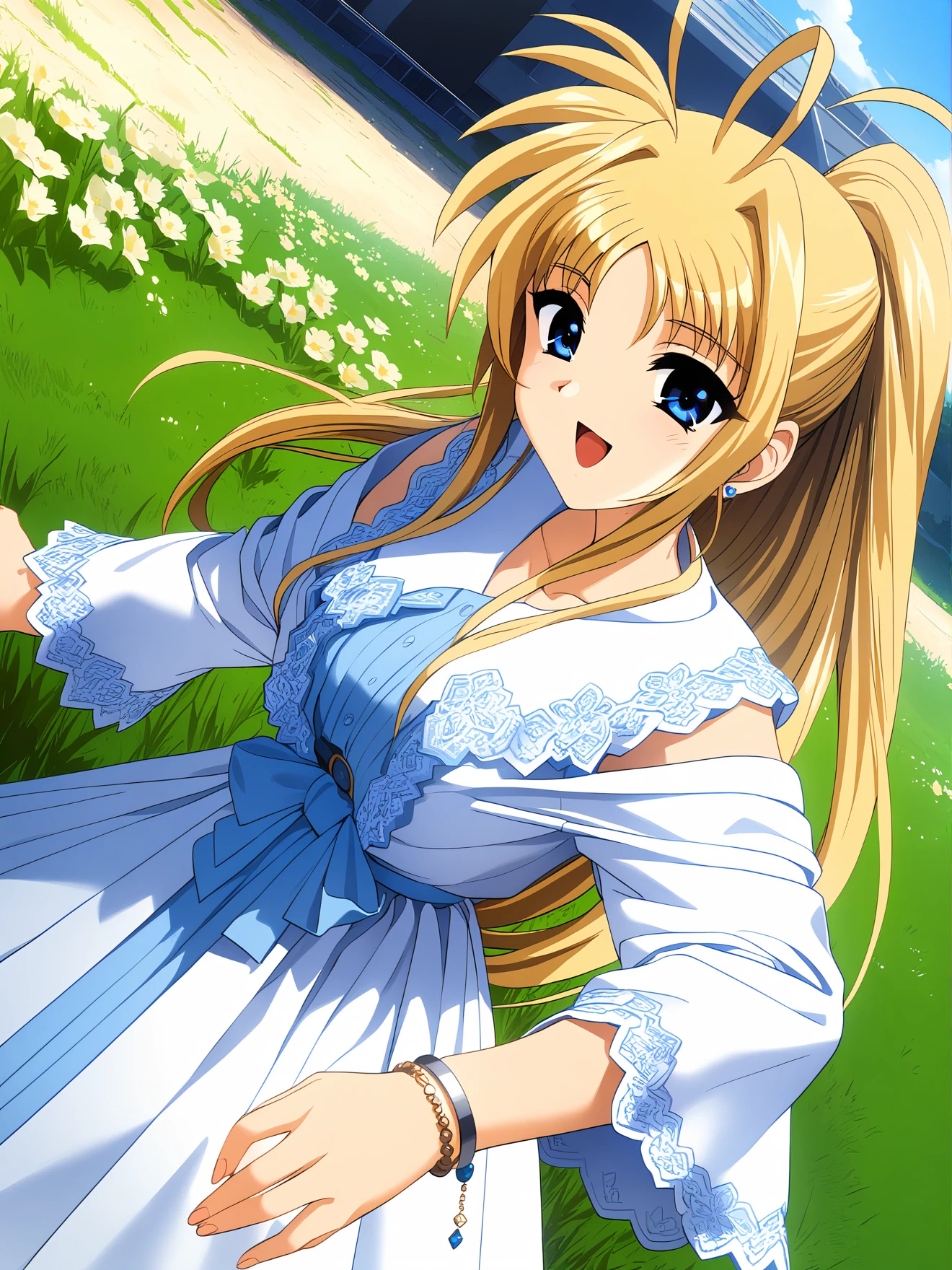 masterpiece, best quality, high quality, aesthetic, absurdres, insanely detailed,
1girl, blue eyes, long hair, day, grass, blonde hair, outdoors, flower, water, dress, bracelet, sky, jewelry, cloud, dutch angle, building, antenna hair, open mouth, smile, 
<lora:tsuzuki-masaki-style-xl_v1.0:1>