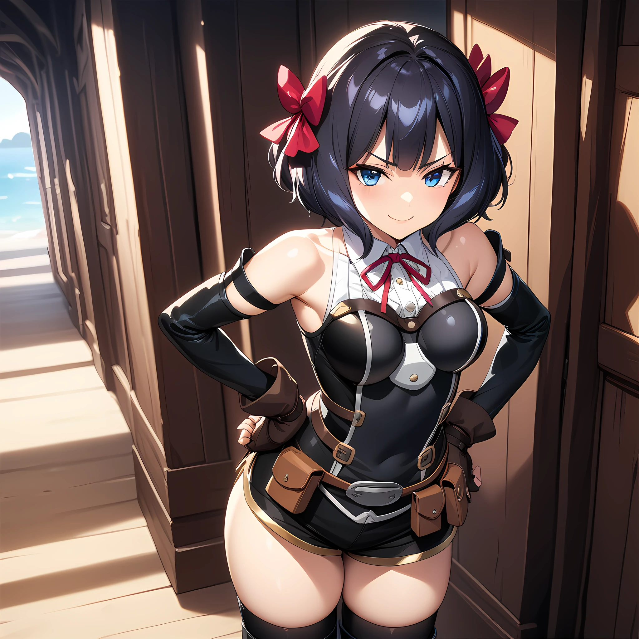 tino_shade, 1girl, short hair, black hair, red ribbon, blue eyes, medium breasts, white shirt, ribbon on neck, black vest, strapped vest, off shoulder, sleeves, brown gloves, fingerless gloves, wide hips, belt, pouch, black thigh high, black thigh boots, cowboy shot, smug, standing, hand on hips, <lora:XL-TinoShade:1> <lora:SDXL_SPO:1>, (masterpiece),(best quality),(ultra-detailed),(best illustration),(best shadow),(absurdres),(detailed background),(very aesthetic),