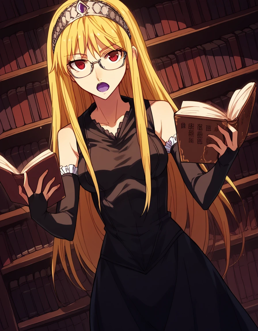 score_9, score_8_up, score_7_up, source_anime, <lora:kaibutsuoujo-liliane-s1-ponyxl-lora-nochekaiser:1>, liliane, long hair, blonde hair, red eyes, very long hair, tiara, medium breasts,, gloves, dress, detached sleeves, elbow gloves, black dress, bare shoulders, sleeveless dress, collarbone, long skirt, , library, reading books, glasses, quiet, focused, shelves of books, , <lora:ghost-pose-ponyxl-lora-nochekaiser:1>, ghost pose, ghost, purple tongue, open mouth, looking up,, looking at viewer, solo,, dutch angle, cowboy shot