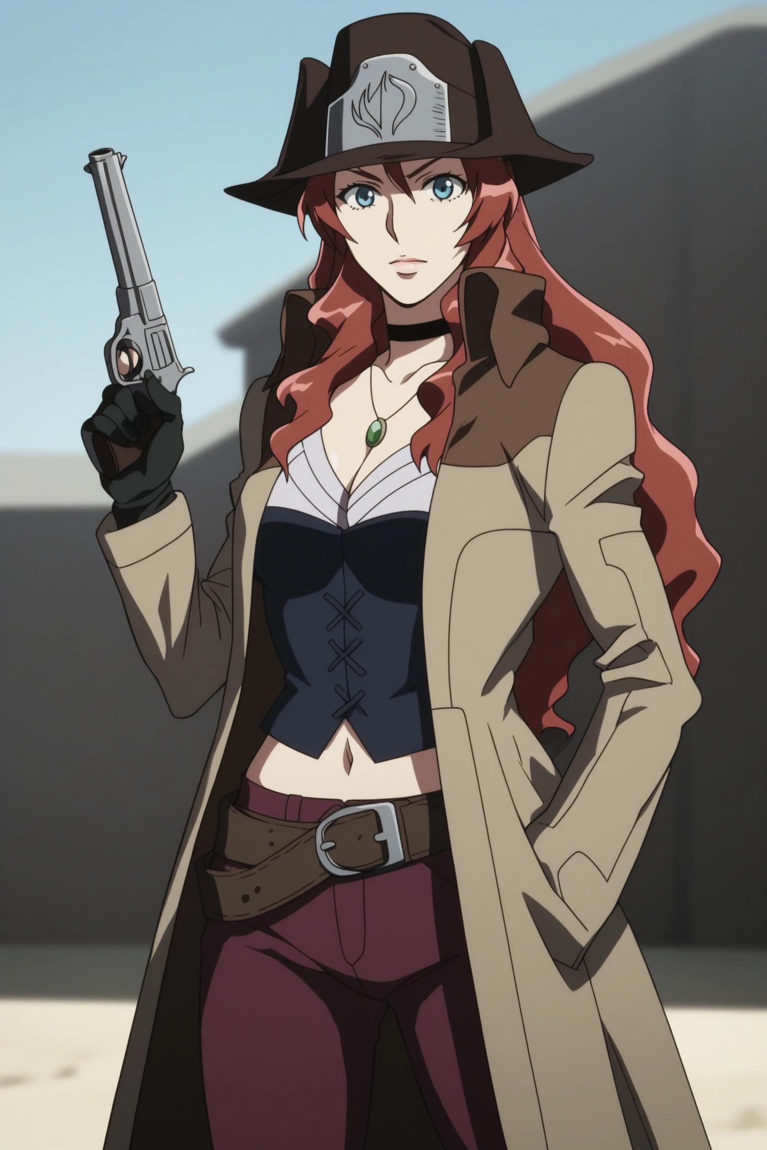 amelia ann mcfly, long hair, red hair, blue eyes, cowboy hat, choker, jewelry, necklace, long coat, trench coat, open coat, brown coat, black gloves, purple-black midriff, corset, navel, belt, holster, purple pants, black footwear, long boots, <lora:Amelia_Ann_McFly:0.8>, score_9, score_8_up, score_7_up, score_6_up, score_5_up, source_anime, rating_safe, medium breasts, outdoors, cowboy western, 1girl, solo, looking at viewer, <lora:age_slider_v4:2>, revolver, holding gun