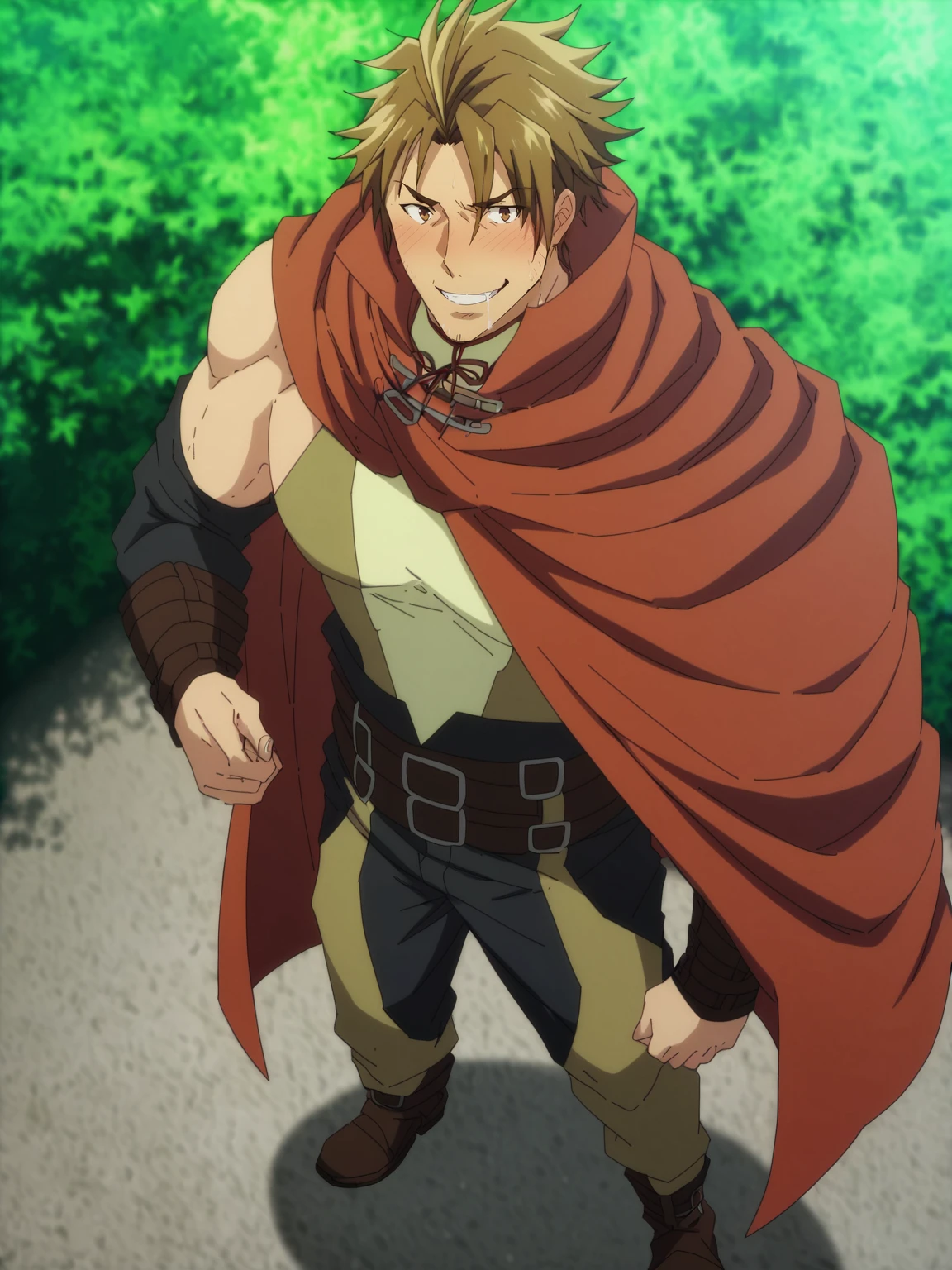 score_9,score_7_up,score_6_up,score_5_up,score_4_up, content_explicit, safe_pos, content_rating, 1boy, solo, bara, muscular male, armpits hair, Leonhardt, cloak, brown footwear, looking at viewer, orgasm, saliva, saliva trail, full face blush, standing, from above, full body, armpits hair, naughty face, grin, forest, perfect anatomy, perfect proportions, best quality, masterpiece, high_resolution, high quality, best aesthetic, incredibly absurdres, highres, extremely detailed, huge filesize, source_anime, sharp shadows, vibrant colors, glow effect, bloom, source_anime, <lora:Leonhardt_-_The_saints_magic_power_is_omnipotent:1>