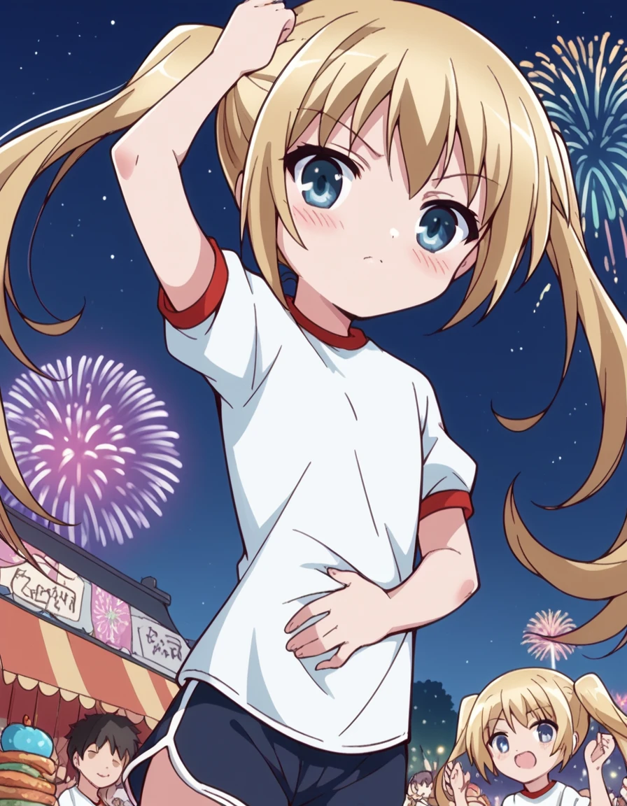 score_9, score_8_up, score_7_up, source_anime, <lora:maho-misawa-s1-ponyxl-lora-nochekaiser:1>, maho misawa, long hair, blue eyes, blonde hair, twintails,, gym uniform, shorts, black shorts, dolphin shorts, festival, fireworks, summer night, food stall, traditional, arms up,, , hands on stomach, blush,, looking at viewer, solo,, dutch angle, cowboy shot