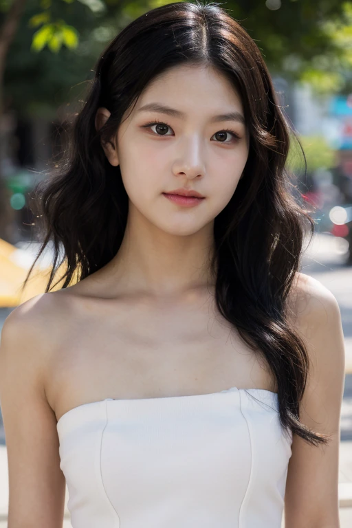 masterpiece, best quality, ultra-detailed, ultra high res, (photorealistic:1.4), raw photo, (realistic:0.2), 8k HDR, realistic cool temperature lighting, (asian:0.2), 1girl, solo, wavy hair, outdoor, day, (simple background:1.2), bokeh, (detailed lips), (detailed pores), (detailed skin textures with pinkish tinge), (detailed face:1.2), (full body:1.2), a woman in a white strapless tube dress, promotional image, a character portrait,