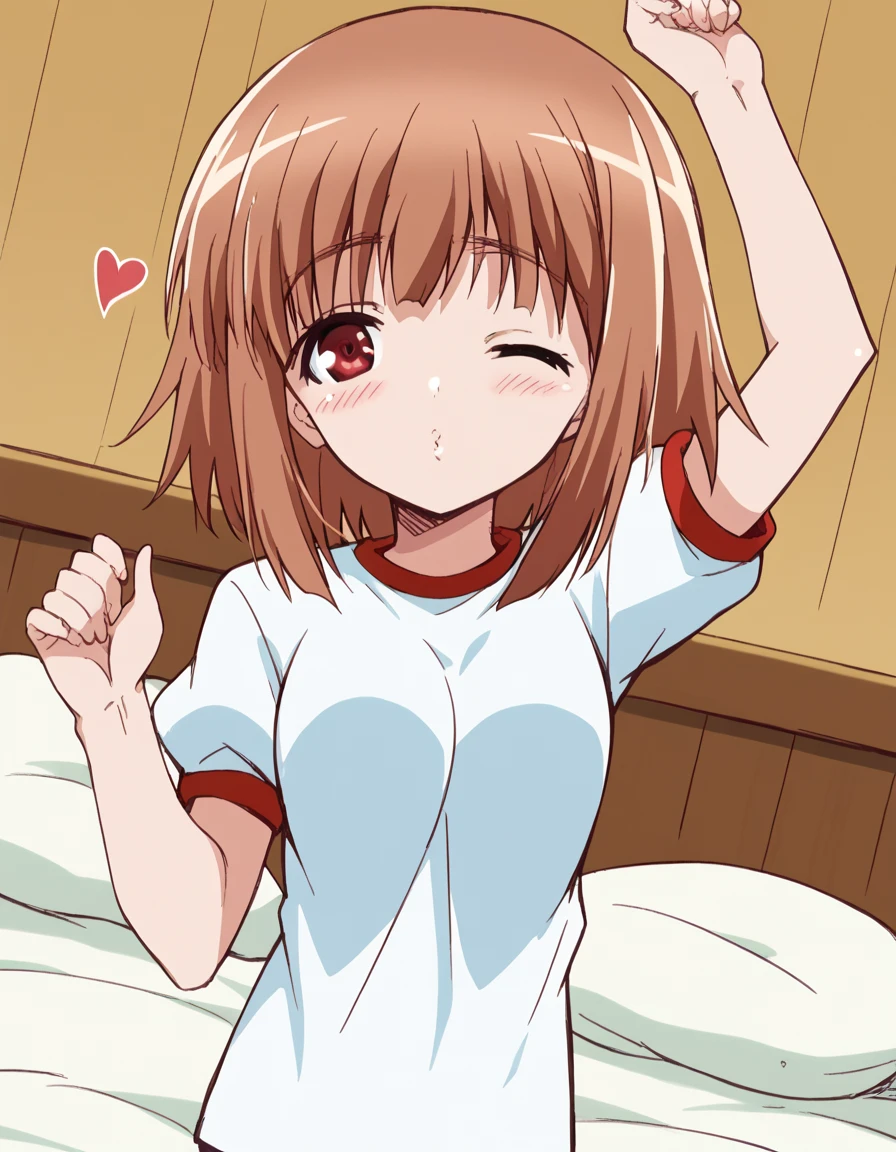 score_9, score_8_up, score_7_up, source_anime, <lora:airi-kashii-s1-ponyxl-lora-nochekaiser:1>, airi kashii, short hair, brown hair, red eyes,, gym uniform, shorts,, bedroom, alarm clock, morning routine, yawning, stretching, on bed,, , <lora:blowing-kiss-ponyxl-lora-nochekaiser:1>, blowing kiss, pucked lips, heart, one eye closed, o3o, hand up, bed room, bed, blush, cowboy shot, dutch angle,, looking at viewer, solo,, dutch angle, cowboy shot