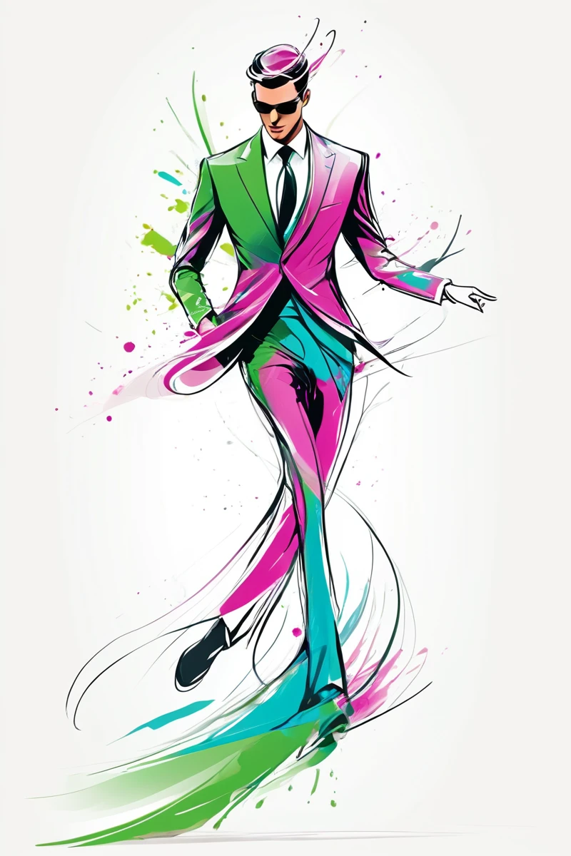 A digital illustration of an elegant man in motion, A minimalist fashion illustration of an elegant man in motion with vibrant colors and fluid lines. The background is white for contrast, creating a sense of movement and elegance. This design is suitable for use across various applications, greens, and grays, highlighting the dynamic pose and stylish attire. Soft lighting creates depth and dimension to showcase movement, rendered as colorful ink splashes on a white background. The colors include vibrant pinks, resulting in a high-resolution, set against a white background. The color palette features shades of blue and green, set against a white background. The colors create dynamic splashes around his figure, standing tall with graceful curves and flowing lines, making it suitable for design projects or promotional materials, adding energy to the composition. His pose is graceful yet powerful as he moves across the scene. This style reflects movement and fashion elegance, A fashion illustration of an elegant man in motion.
<lora:artfullyWHTFSKETCH:1>, artwhtfsketch,