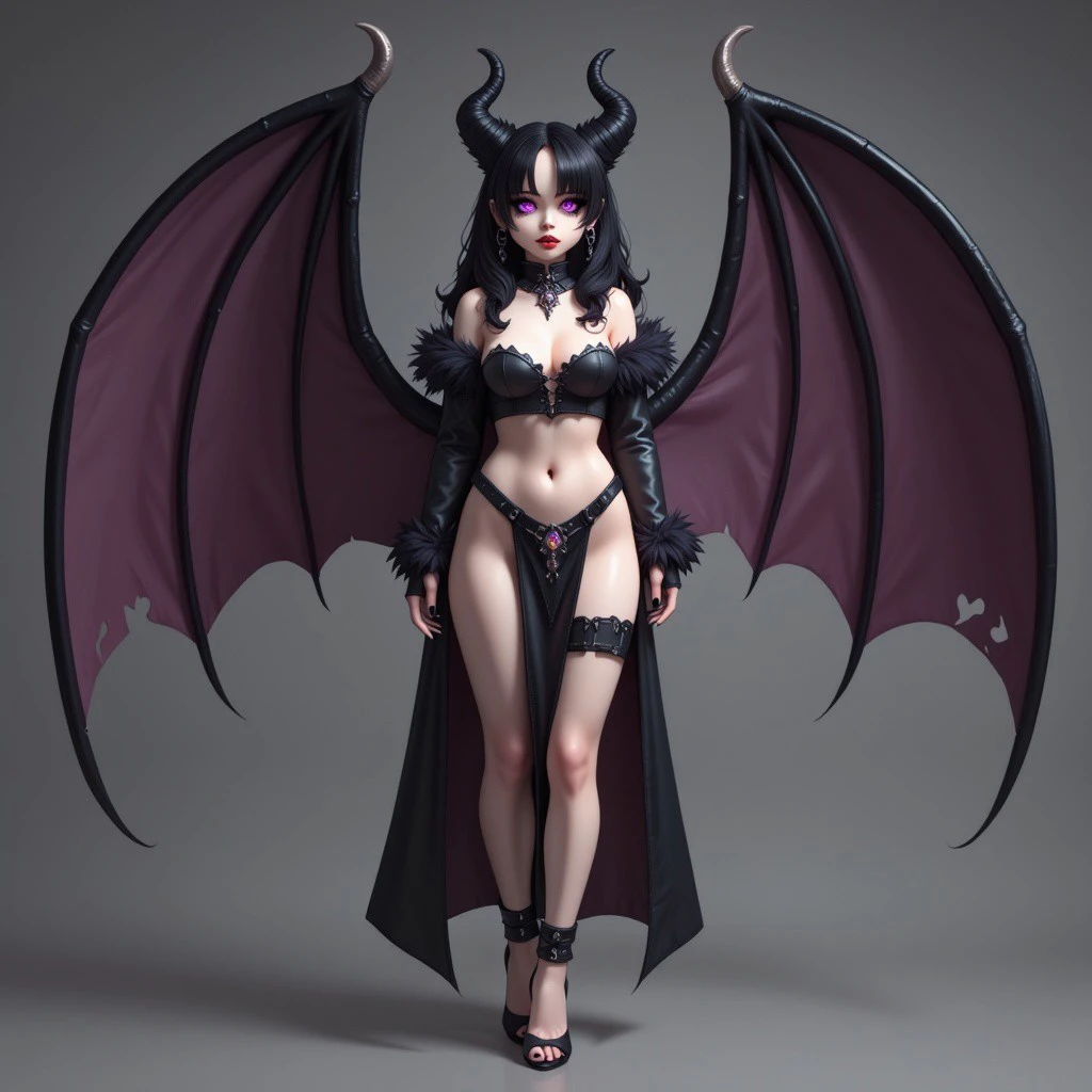 werebat, lycanthrope, vampire, goth, 1girl, horns, solo, breasts, navel, purple eyes, jewelry, earrings, cleavage, full body, bare shoulders, looking at viewer, standing, black footwear, pelvic curtain, heterochromia, fur trim, medium breasts, demon horns, bangs, midriff, long hair, high heels, detached sleeves, nail polish