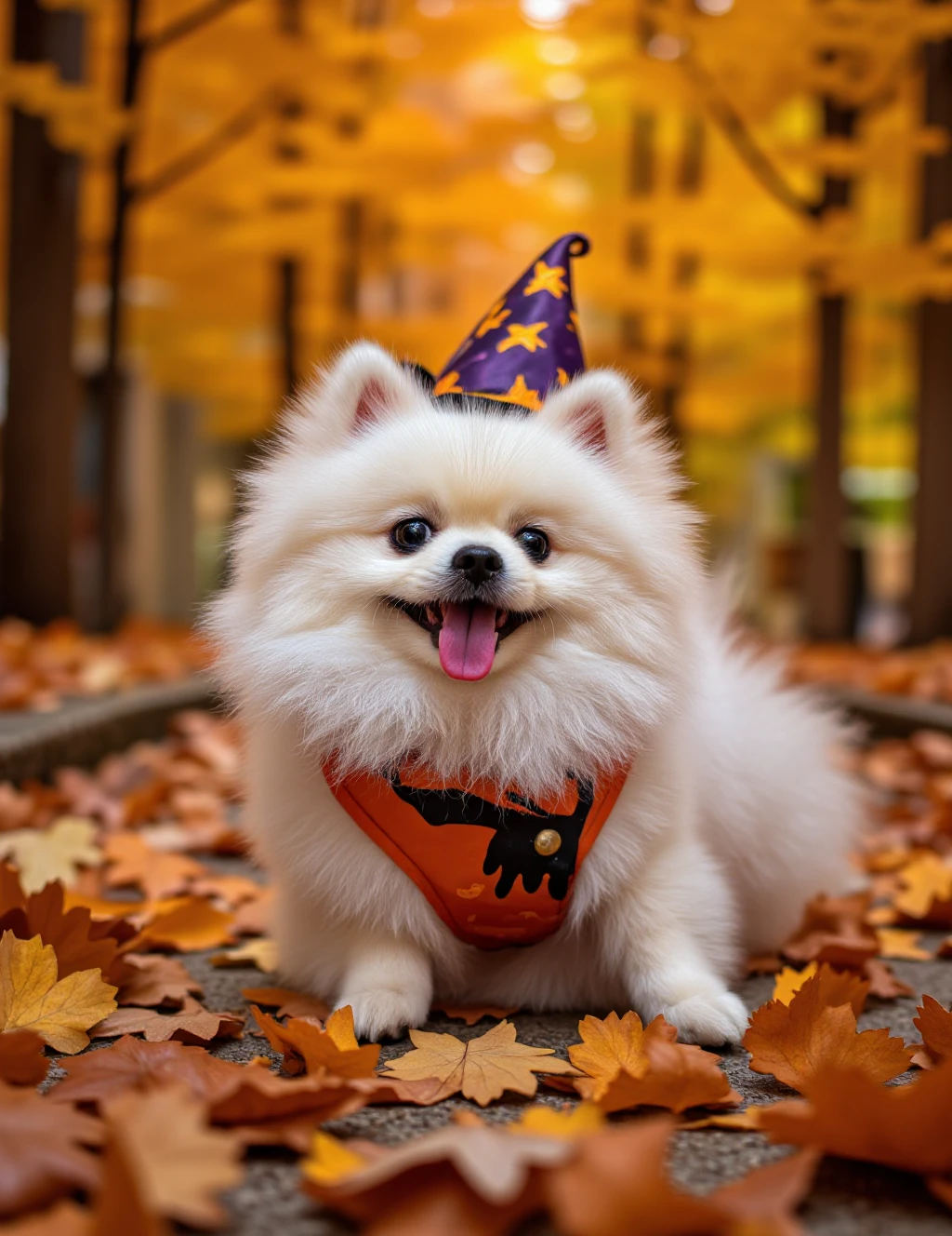 A vibrant photograph of a snow-white Pomeranian dressed as an adorable Halloween spirit guide, surrounded by colorful autumn leaves.Halloween, colorful, whimsical, pet portrait, autumn, playful, festive atmosphere, bokeh, centered subject, long lounge out