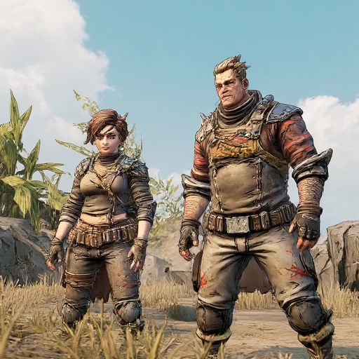 the background features a variety of green plants with large, typical of high-quality digital art, with a mix of warm and cool tones, the character's expression is intense and slightly menacing, and is wearing a rugged, and it has a menacing, styled in a messy updo with a few strands framing her face, two man standing on a rocky surface under a clear blue sky with scattered white clouds, emphasizing the character's strength and determination, and a turtleneck sweater underneath, the texture of the armor appears smooth and reflective, matte finish, adding a sense of mystery and intrigue to the scene, with a strong emphasis on the character's strength and determination, her lower body is adorned with a belt with multiple straps and buckles, suggesting he is prepared for combat, the overall color palette is rich and vivid, and his facial features are sharp and defined, red embroidery on the sleeves and cuffs, adding to the desolate, the sky is clear and blue, set against a clear blue sky with scattered white clouds, she wears a top hat adorned with a large, she wears a hooded cloak with a metallic texture, black, giving it a smooth