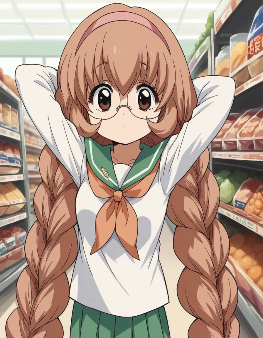 score_9, score_8_up, score_7_up, source_anime, <lora:mimi-usa-s1-ponyxl-lora-nochekaiser:1>, mimi usa, long hair, brown hair, brown eyes, very long hair, braid, hairband, glasses, twin braids,, school uniform, serafuku, long sleeves,, grocery store, shopping cart, picking fruits, everyday life, , , hands behind head,, looking at viewer, solo,, dutch angle, cowboy shot