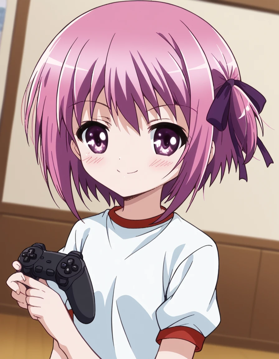 score_9, score_8_up, score_7_up, source_anime, <lora:tomoka-minato-s1-ponyxl-lora-nochekaiser:1>, tomoka minato, short hair, ribbon, purple eyes, hair ribbon, purple hair, side ponytail, one side up,, gym uniform, shorts, black shorts, dolphin shorts, living room, video game, controller, competitive, fun, afternoon, , <lora:finger-heart-ponyxl-lora-nochekaiser:1>, finger heart, heart, blush, smile,, looking at viewer, solo,, dutch angle, cowboy shot